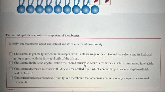 000000000
The steroid lipid cholesterol is a component of membranes.
Identify true statements about cholesterol and its role 