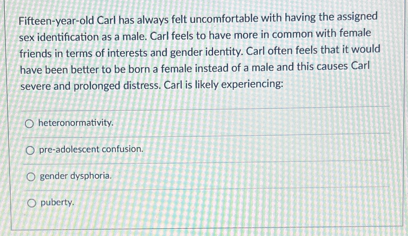 Solved Fifteen-year-old Carl has always felt uncomfortable | Chegg.com