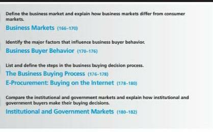markets.
Define the business market and explain how business markets differ from contumer
Business Markets (186-170)
Identify