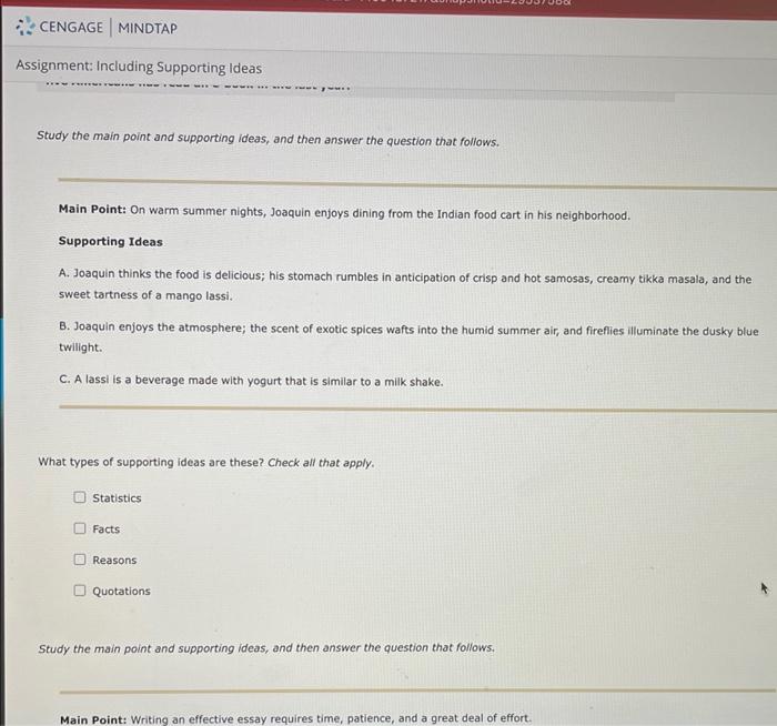 CENGAGE MINDTAP
Assignment: Including Supporting Ideas
www.***
Study the main point and supporting ideas, and then answer the