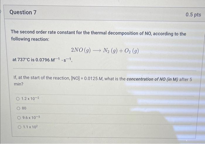 The second order rate constant for the thermal decomposition of NO, according to the following reaction:
\[
2 \mathrm{NO}(g) 
