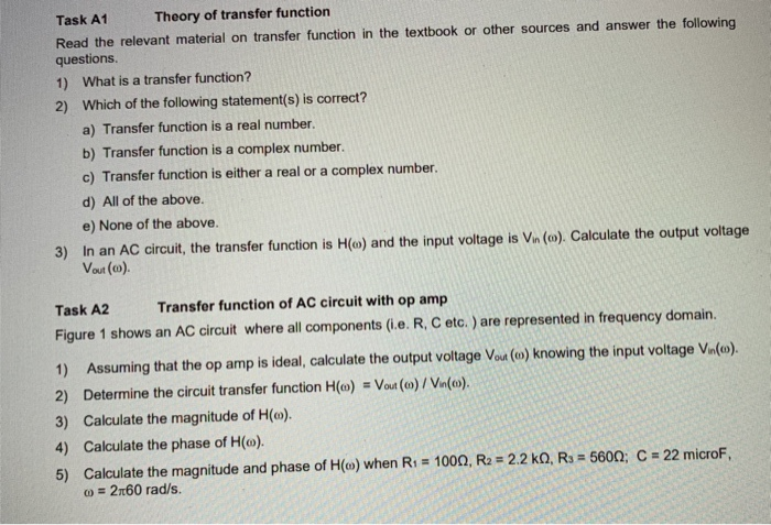 Solved Task A1 Theory of transfer function Read the relevant | Chegg.com