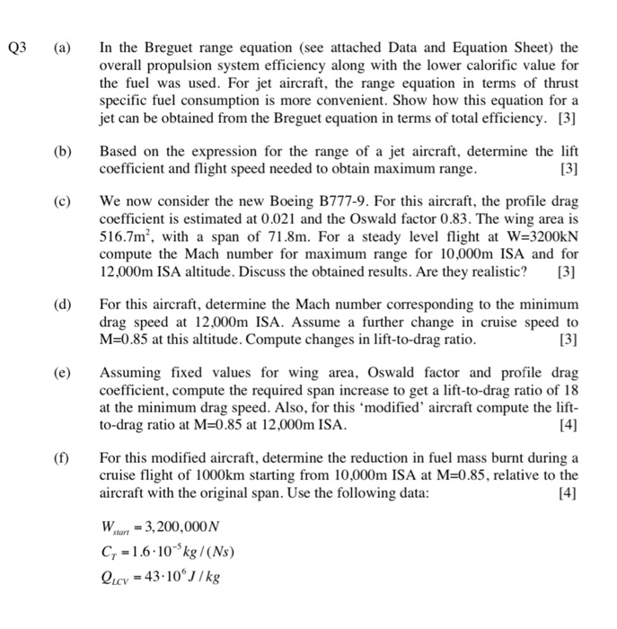 Solved Q3 a b 3 d In the Breguet range equation see