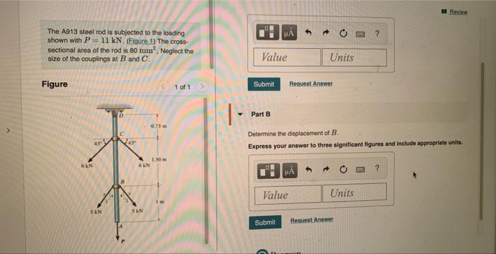 The A913 steel rod is subjected to the loading shown with \( P=11 \mathrm{kN} \), (Eigure 1) The crosssectional area of the r