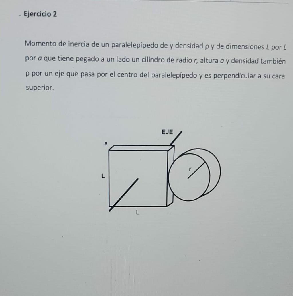 Momento de inercia de un paralelepípedo de \( y \) densidad \( \rho \) y de dimensiones \( L \) por \( \angle \) por \( a \)