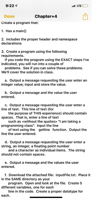Solved 9:22 .l LTE Chapter+4 Done Create a program that: 1. | Chegg.com