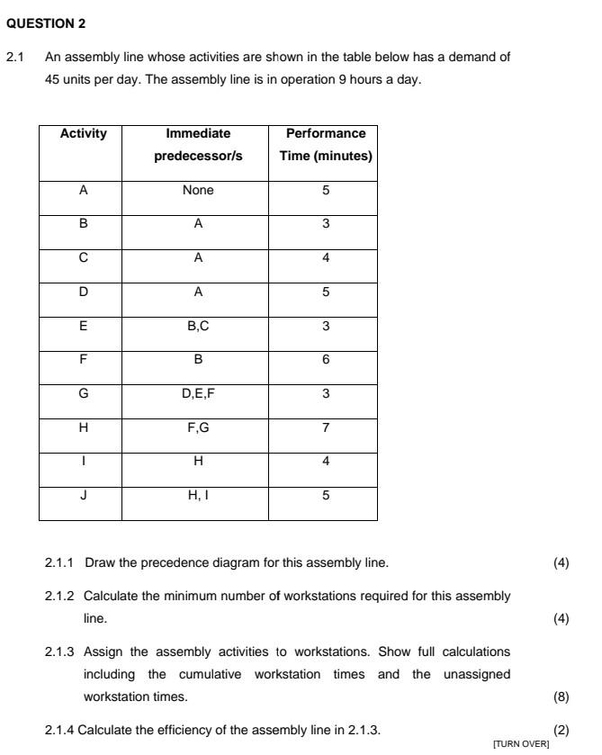 Solved 1 An assembly line whose activities are shown in the