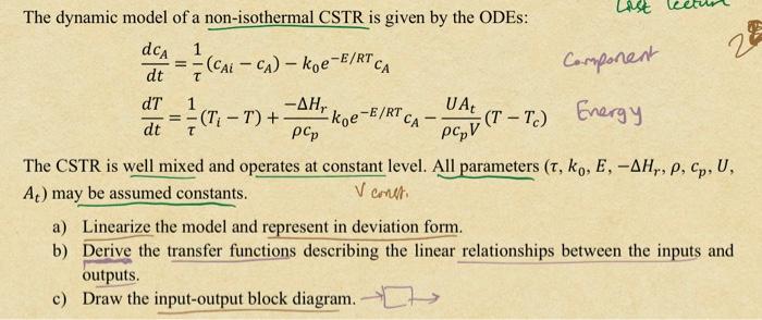 Solved The dynamic model of a non-isothermal CSTR is given | Chegg.com