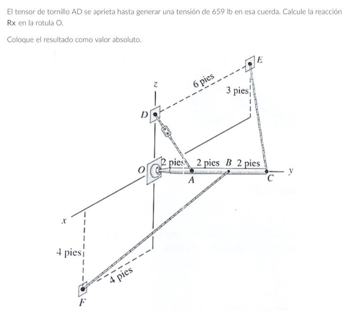 El tensor de tornillo AD se aprieta hasta generar una tensión de \( 659 \mathrm{lb} \) en esa cuerda. Calcule la reacción \(