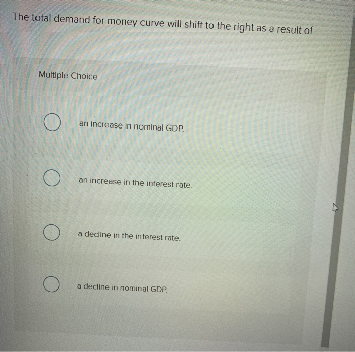 Solved The total demand for money curve will shift to the | Chegg.com