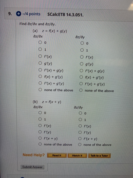 Solved 9 4 Points Scalcet8 14 3 051 O 1 Find Dz Dx Chegg Com