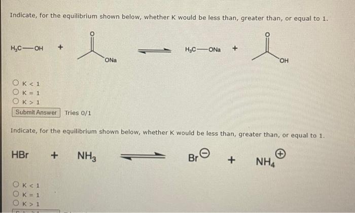 Solved Indicate, for the equilibrium shown below, whether K | Chegg.com