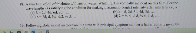 Solved 18. A thin film of oil of thickness d floats on | Chegg.com