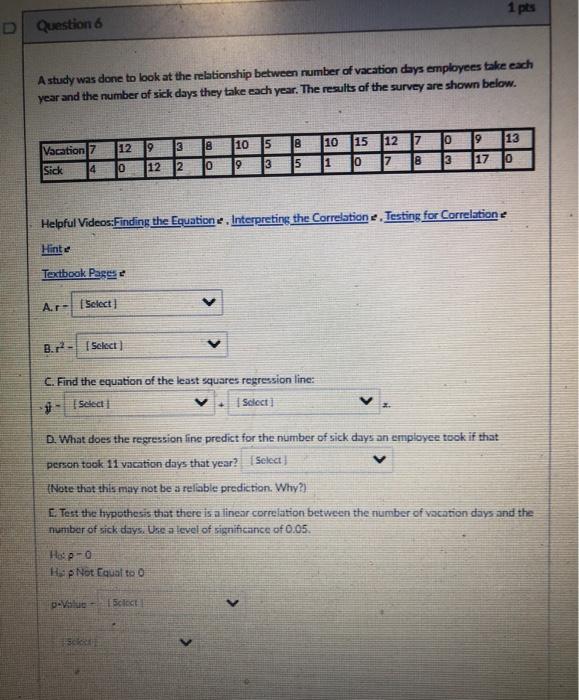 Solved 1 pts D Question 6 A study was done to look at the | Chegg.com