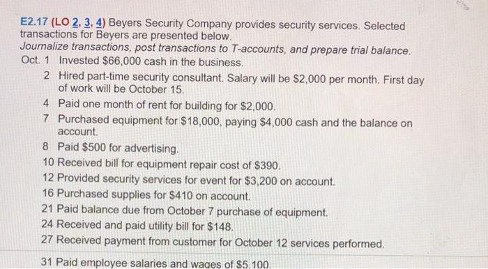 Solved E2 17 LO 2 3 4 Beyers Security Company Provides Chegg