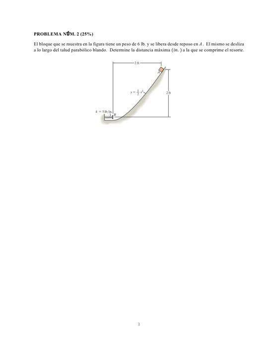 PROBLEMA NƯM. 2 (25\%) El bloque que se muestra en la figura tiene un peso de \( 6 \mathrm{lb} \). y se libera desde reposo e