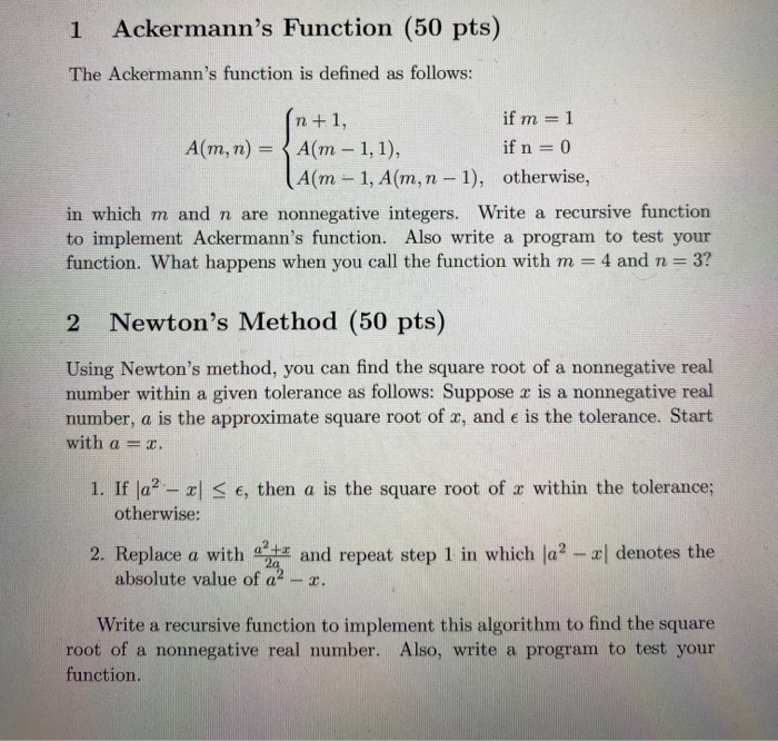 Solved 1 Ackermann's Function (50 Pts) The Ackermann's | Chegg.com