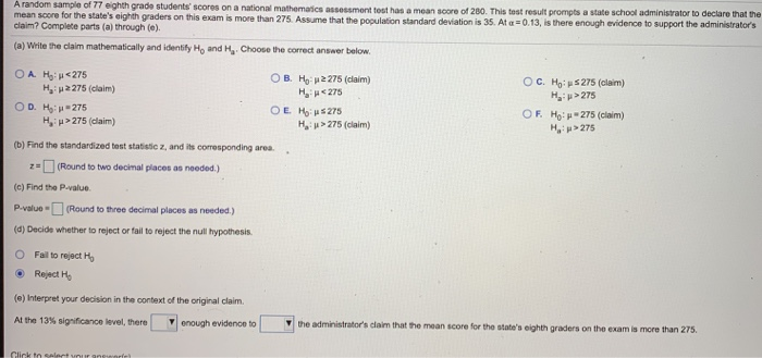 Solved A random sample of 77 eighth grade students' scores | Chegg.com