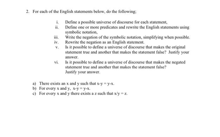 Solved For each of the English statements below, do the | Chegg.com
