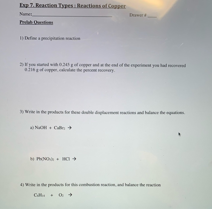 Solved Exp 7. Reaction Types : Reactions Of Copper Name: | Chegg.com