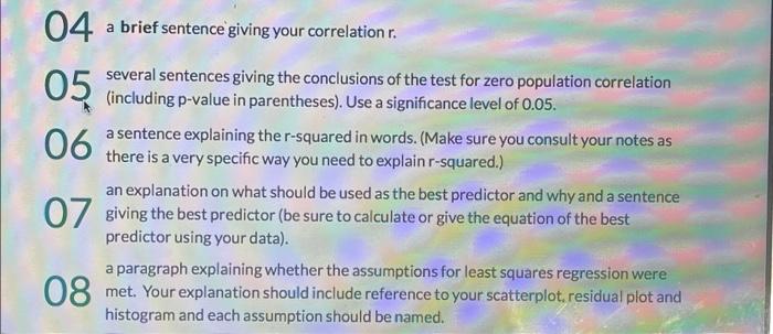 Solved 04 a brief sentence giving your correlation r. | Chegg.com