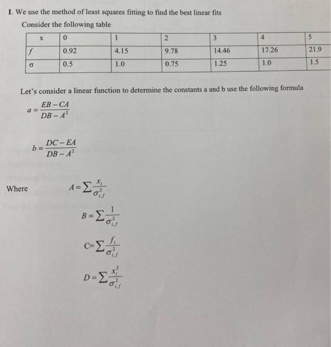 Solved I. We use the method of least squares fitting to find | Chegg.com