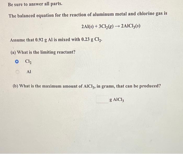 Solved Be sure to answer all parts. The balanced equation | Chegg.com