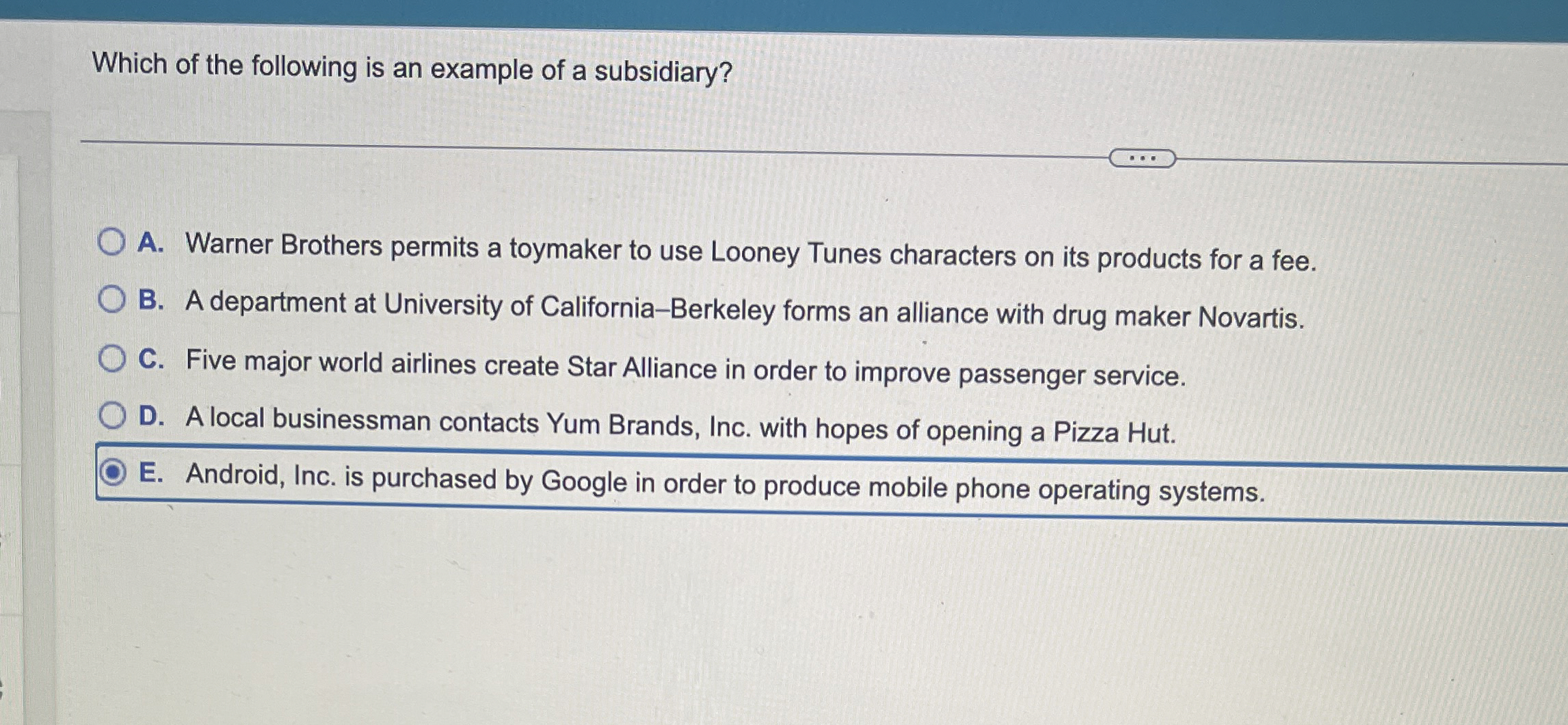 [Solved] Which of the following is an example of a subsidia