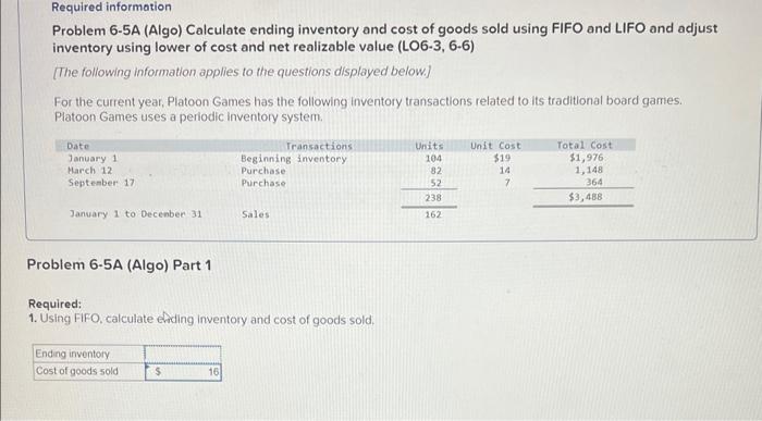 Solved Problem 6-5A (Algo) Calculate Ending Inventory And | Chegg.com