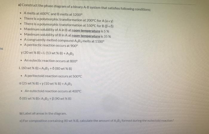 Solved a) Construct the phase diagram of a binary A-B system | Chegg.com