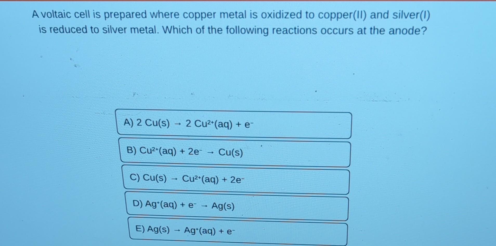 Solved A voltaic cell is prepared where copper metal is | Chegg.com