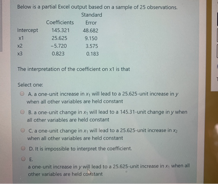 Solved Below is a partial Excel output based on a sample of