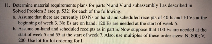 11. Determine material requirements plans for parts N and V and subassembly I as described in Solved Problem 3 (see p. 532) f