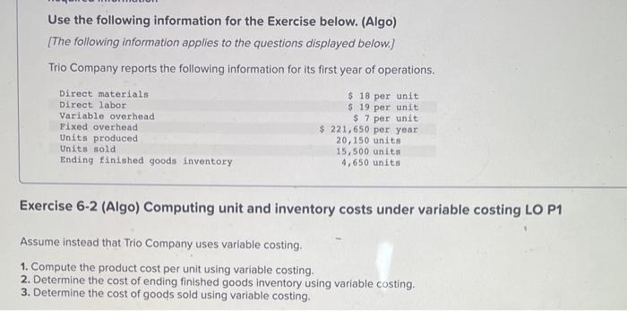 Solved Use the following information for the Exercise below. | Chegg.com