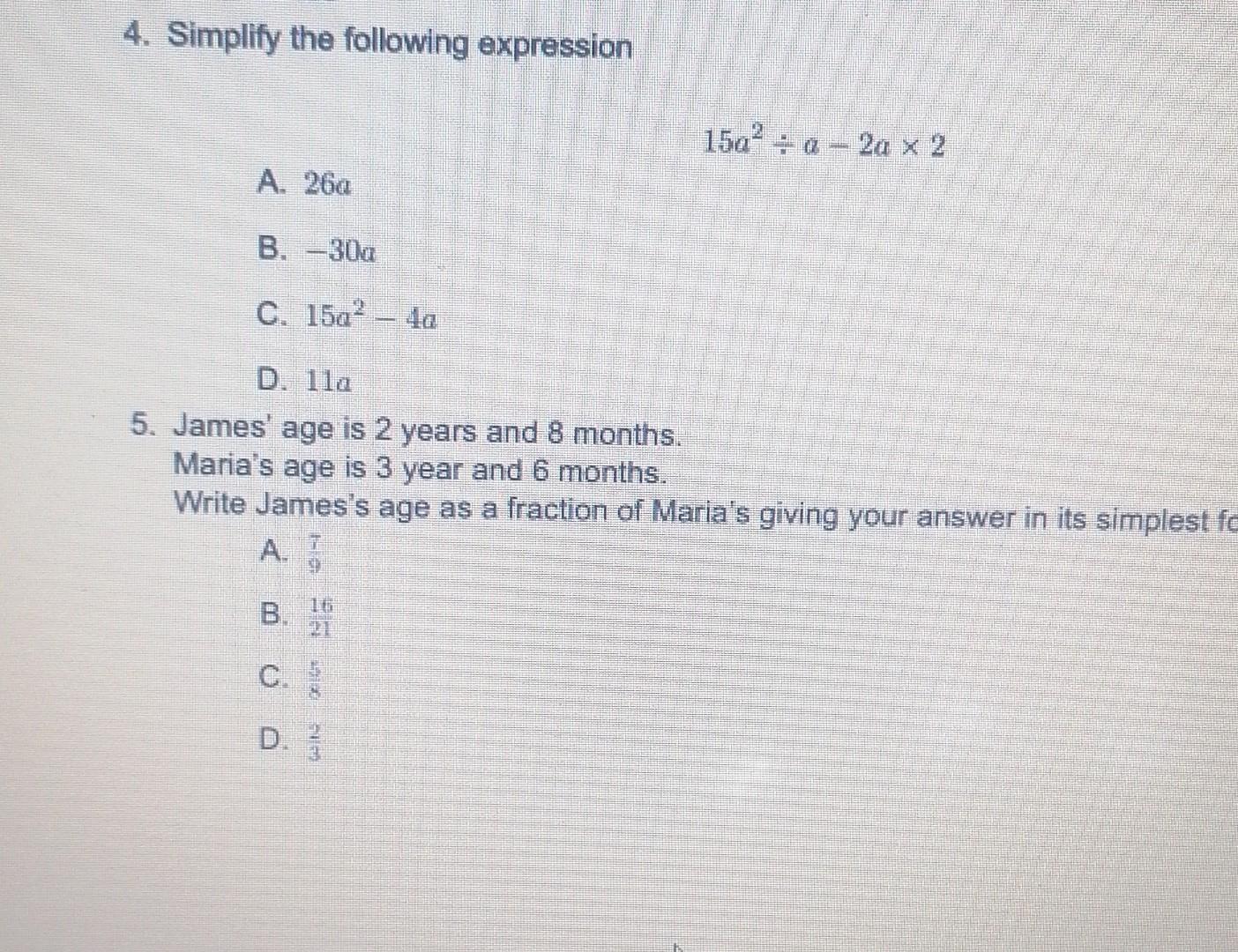 Solved 4. Simplify the following expression A. 26a | Chegg.com