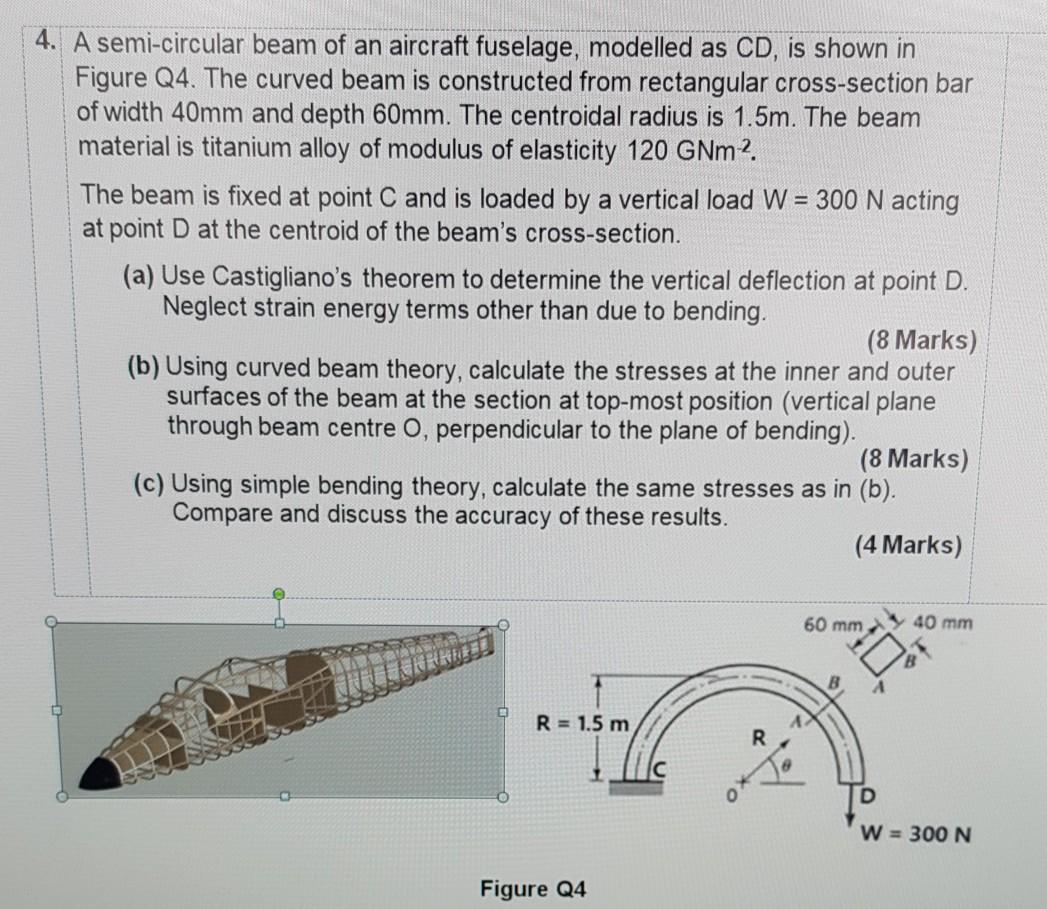 Solved 4. A semi-circular beam of an aircraft fuselage, | Chegg.com