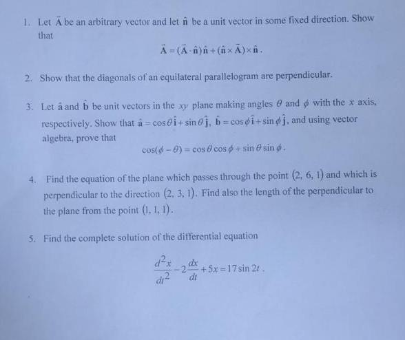 Solved 1. Let A be an arbitrary vector and let n be a unit | Chegg.com