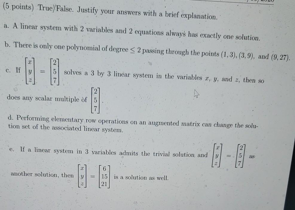 Solved (5 points) Solve the following system of equations in | Chegg.com
