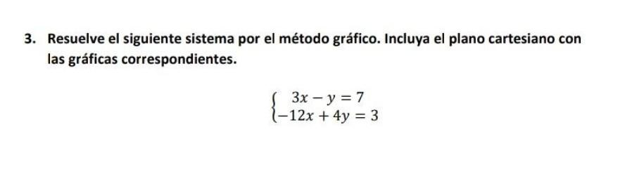 Resuelve el siguiente sistema por el método gráfico. Incluya el plano cartesiano con las gráficas correspondientes. \[ \left\