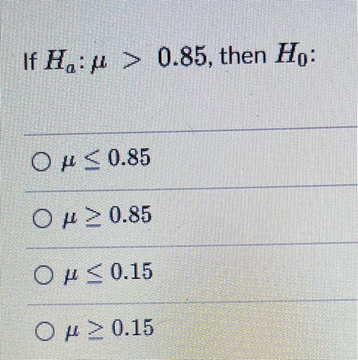 Solved If Ha:μ>0.85, then H0 μ≤0.85μ≥0.85μ≤0.15μ≥0.15 | Chegg.com