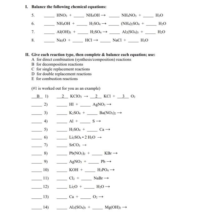 Solved 1. Balance The Following Chemical Equations: 5. Hno3 