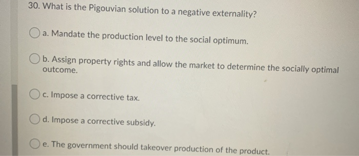 Solved 30. What is the Pigouvian solution to a negative | Chegg.com