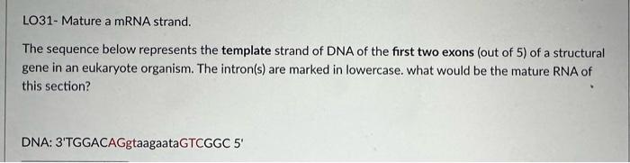 Solved LO28- Transcribe a DNA strand into RNA. The sequence | Chegg.com