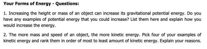 Solved Your Forms Of Energy Potential Energy Due To Posi Chegg Com