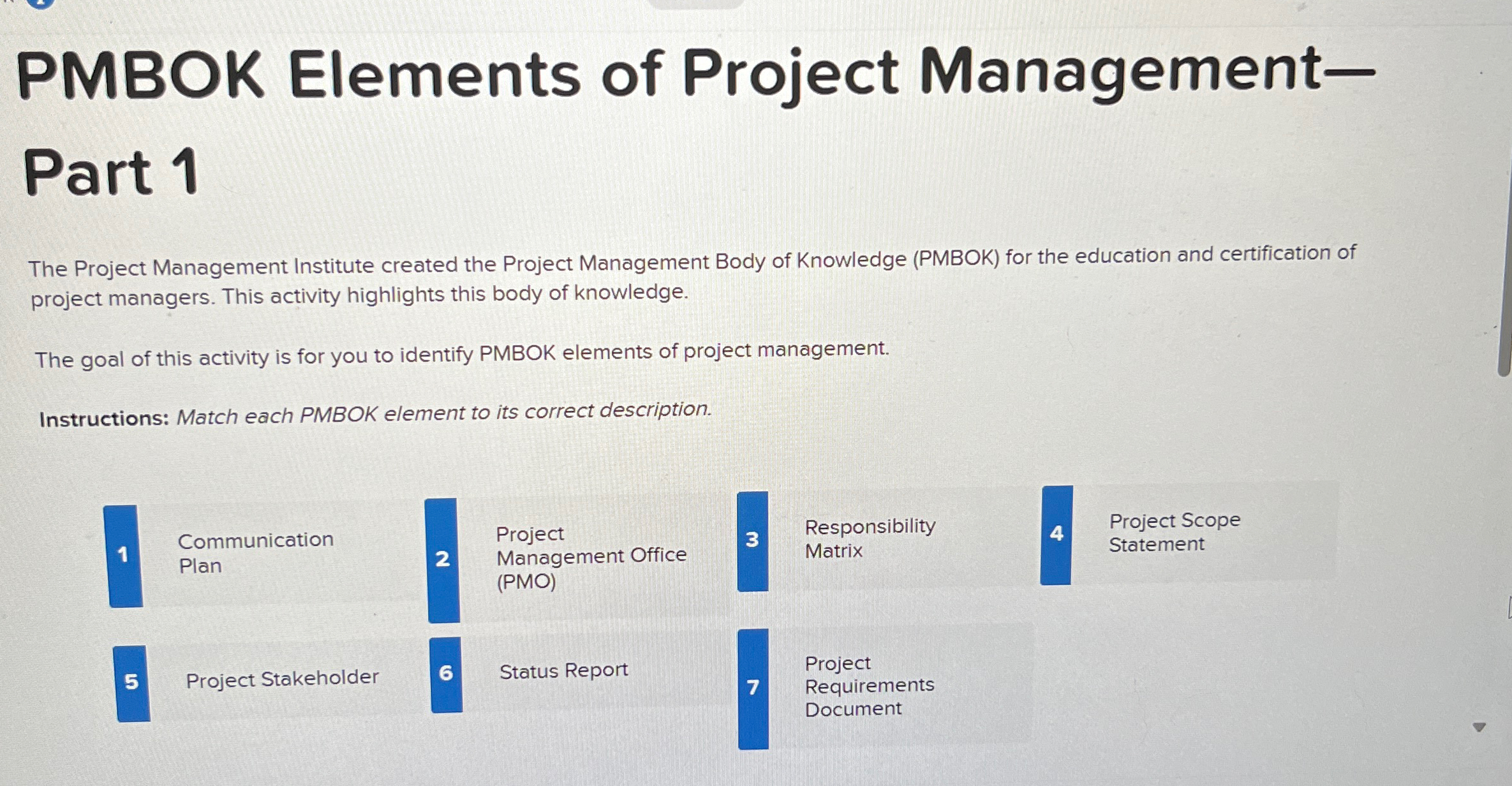 Solved PMBOK Elements of Project ManagementPart 1The Project | Chegg.com