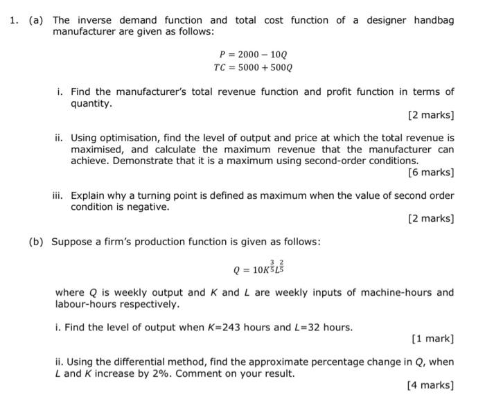 Solved 1. (a) The inverse demand function and total cost | Chegg.com