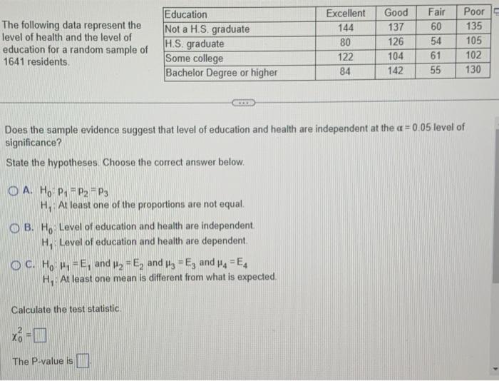 Solved The Following Data Represent The Level Of Health And | Chegg.com