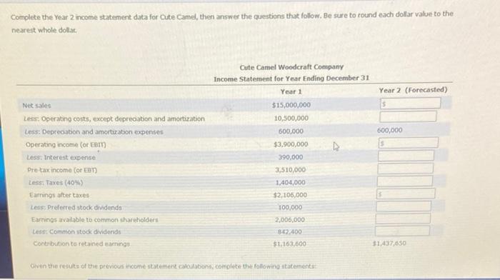 Conplete the Year 2 income statement data for Cute Camel, then answer the questions that follow. Be sure to round each dollar