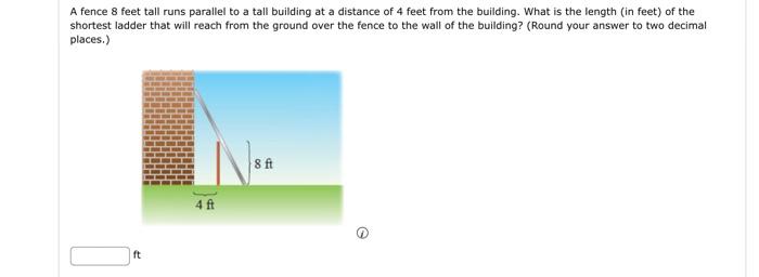 Solved A fence 8 feet tall runs parallel to a tall building | Chegg.com