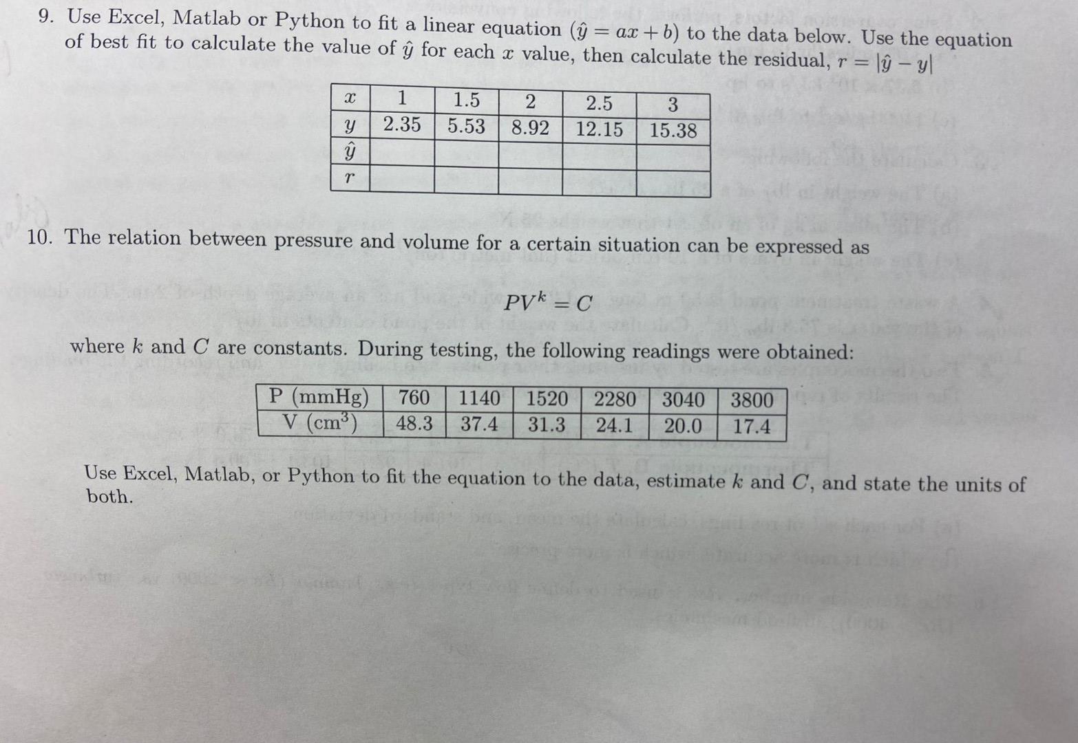 Solved 9. Use Excel, Matlab or Python to fit a linear | Chegg.com